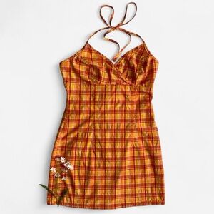 Vintage 90s Y2K orange plaid halter mini dress